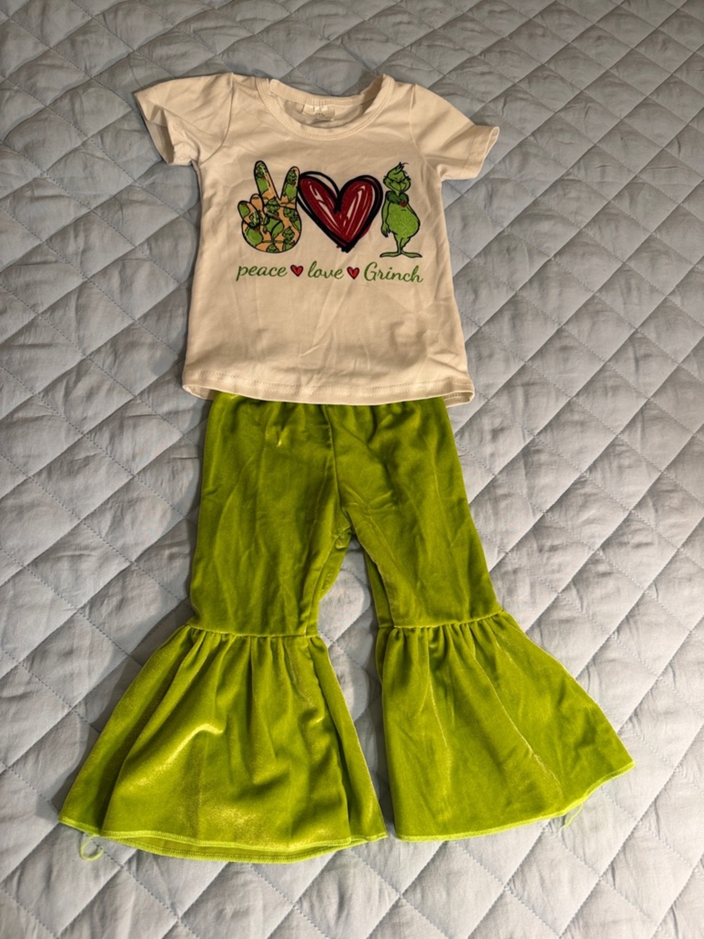 Peace Love Grinch Graphic Tee and Lime Green Bell Bottoms Set